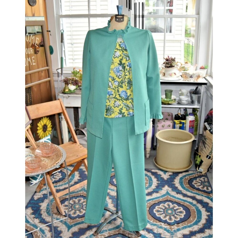 Vintage 70s Leisure Suit "Lady Blair" Disco Set Ruffled Green 2 PC Size Small
